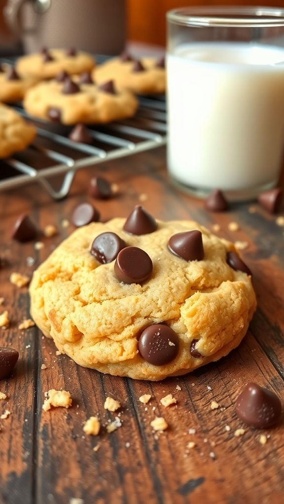 A large crumble cookie with chocolate chips on a wooden table, accompanied by a glass of milk.